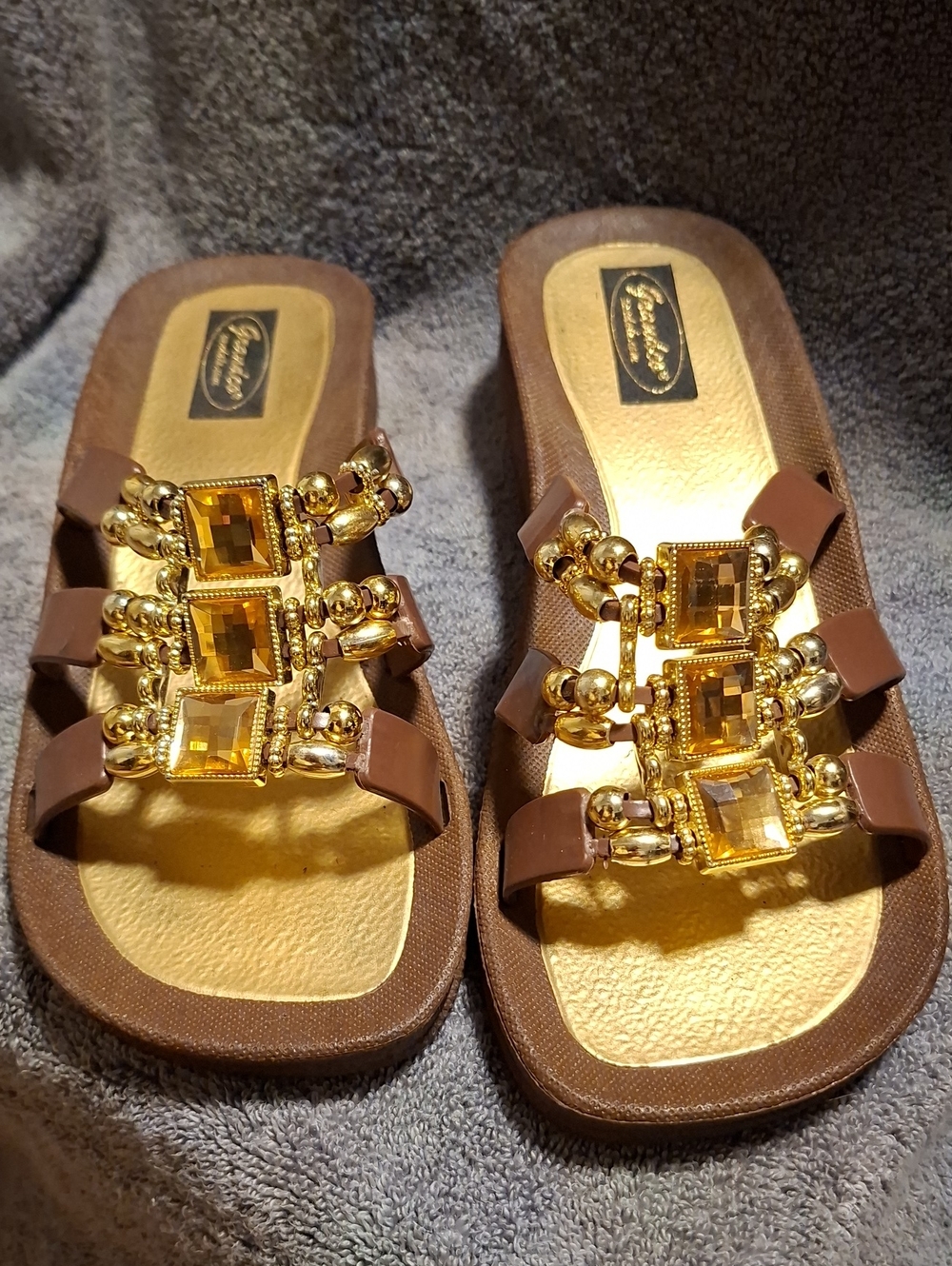 Brown Slide Sandals with Gold Jeweled Accents